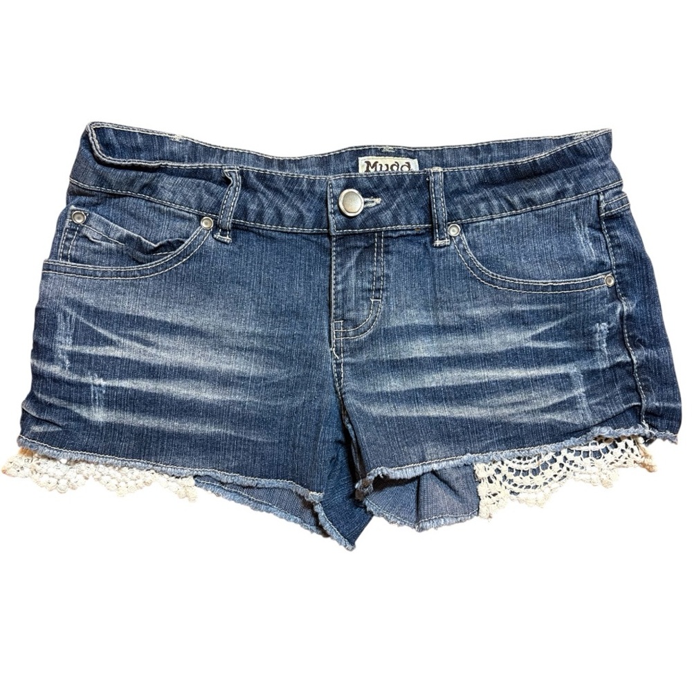 Distressed Blue Denim Shorts with Lace Trim Hem. Junior Size 9